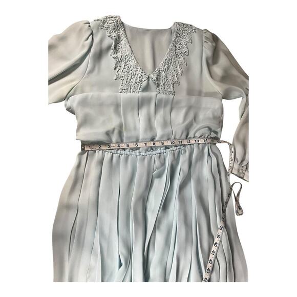 Vintage Light Blue Midi Dress Long Sleeve Elegant Open Lace Collar Shoulder Pads - Picture 9 of 12